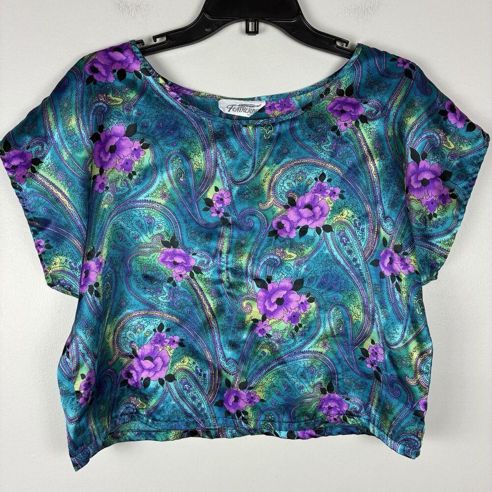 Womens Y2K Top Satin Floral Kimono Boxy Forest Fairy Sz M Oversized